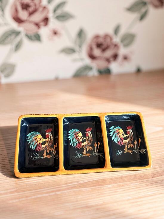 TableTops Gallery Other - Tabletops Gallery Black Rooster 3 Section Serving Tray Hand Painted 13.5”